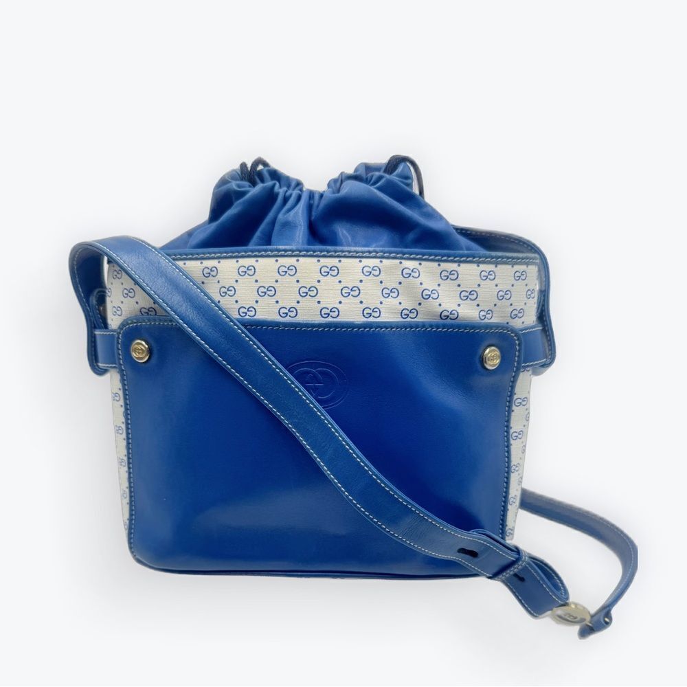 Auth Old Gucci Vintage Blue White Mini Supreme PVC Small Bucket Bag Cinch